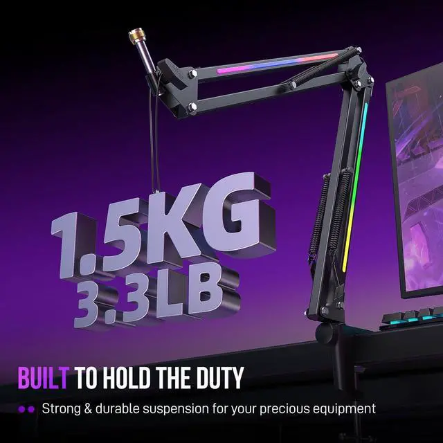 Alt view image 2 of 7 - Microphone Boom Arm, Metal Adjustable Mic Arm Stand with RGB Control, 3/8 to 5/8 Screw Adapter, Desk Mount Clamp, Suspension Scissor Mic Stand for Gaming Streaming Podcast-AmpliGame BM38