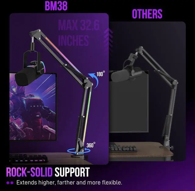 Alt view image 3 of 7 - Microphone Boom Arm, Metal Adjustable Mic Arm Stand with RGB Control, 3/8 to 5/8 Screw Adapter, Desk Mount Clamp, Suspension Scissor Mic Stand for Gaming Streaming Podcast-AmpliGame BM38