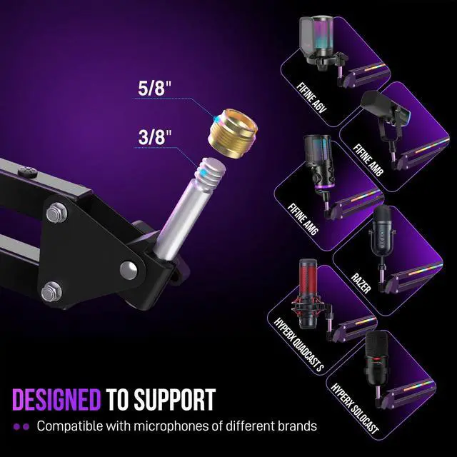 Alt view image 4 of 7 - Microphone Boom Arm, Metal Adjustable Mic Arm Stand with RGB Control, 3/8 to 5/8 Screw Adapter, Desk Mount Clamp, Suspension Scissor Mic Stand for Gaming Streaming Podcast-AmpliGame BM38