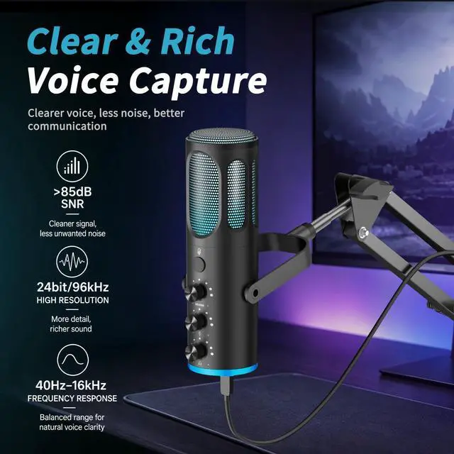 Alt view image 2 of 7 - PUPGSIS Gaming Microphone for PC, USB Condenser Mic for PS4/5 and Mac, Noise Cancellation Computer Mic with Mute, Reverb, Adjustable Boom Arm, Pop Filter for Streaming/Podcasting/Recording/YouTube