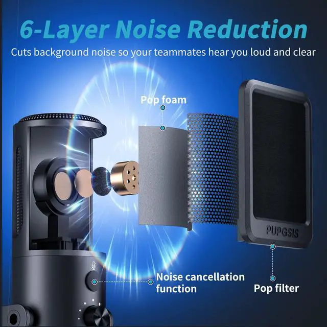 Alt view image 3 of 7 - PUPGSIS Gaming Microphone for PC, USB Condenser Mic for PS4/5 and Mac, Noise Cancellation Computer Mic with Mute, Reverb, Adjustable Boom Arm, Pop Filter for Streaming/Podcasting/Recording/YouTube