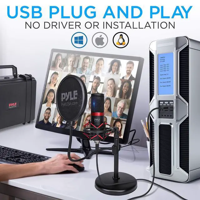 Alt view image 3 of 7 - Pyle USB Microphone Podcast Recording Kit - Audio Cardioid Condenser Mic w/Shock Mount Stand & Pop Filter, for Gaming PS4, Streaming, Podcasting, Studio, YouTube, Works w/Windows PC Mac PDMIKT200