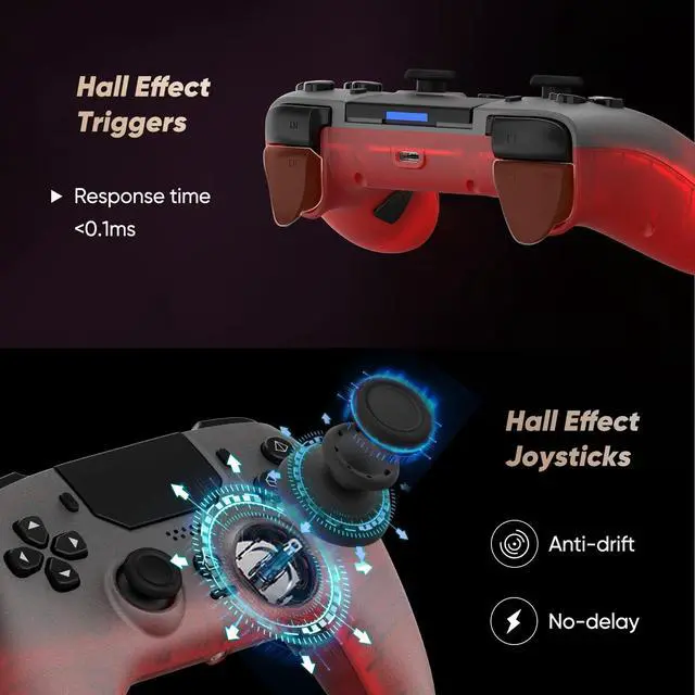 Alt view image 3 of 7 - BETMI LED Wireless Controller for PS5, Pro/Slim/PC(Frosted Red Black) | Hall Joysticks/Trigger, Macro Back Button, Turbo, Dual Vibration, 6-Axis, 3.5mm Jack, Built-in Mic/Speaker, for Steam Deck