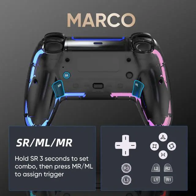 Alt view image 4 of 7 - BETMI Wireless Controller for PS5, Pro/Slim/MAC/PC (Transparent Black) | Hall Effect Joysticks, Dual Vibration, Macro/Turbo/3.5mm Jack/6-Axis Gyro, Speaker, LED Gamepad for Steam Deck, L Pink R Cyan