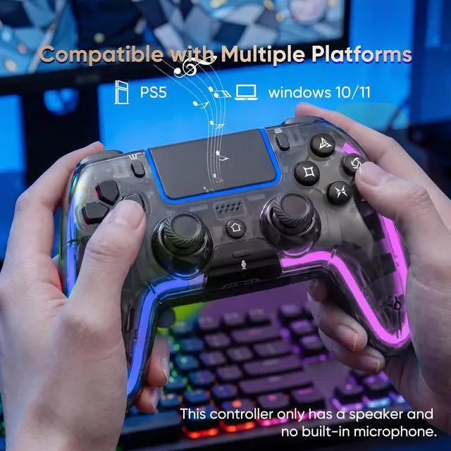 Alt view image 2 of 7 - BETMI Wireless Controller for PS5, Pro/Slim/MAC/PC (Transparent Black) | Hall Effect Joysticks, Dual Vibration, Macro/Turbo/3.5mm Jack/6-Axis Gyro, Speaker, LED Gamepad for Steam Deck, L Blue R Pink