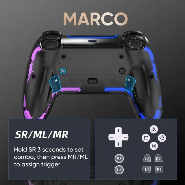 Alt view image 4 of 7 - BETMI Wireless Controller for PS5, Pro/Slim/MAC/PC (Transparent Black) | Hall Effect Joysticks, Dual Vibration, Macro/Turbo/3.5mm Jack/6-Axis Gyro, Speaker, LED Gamepad for Steam Deck, L Blue R Pink