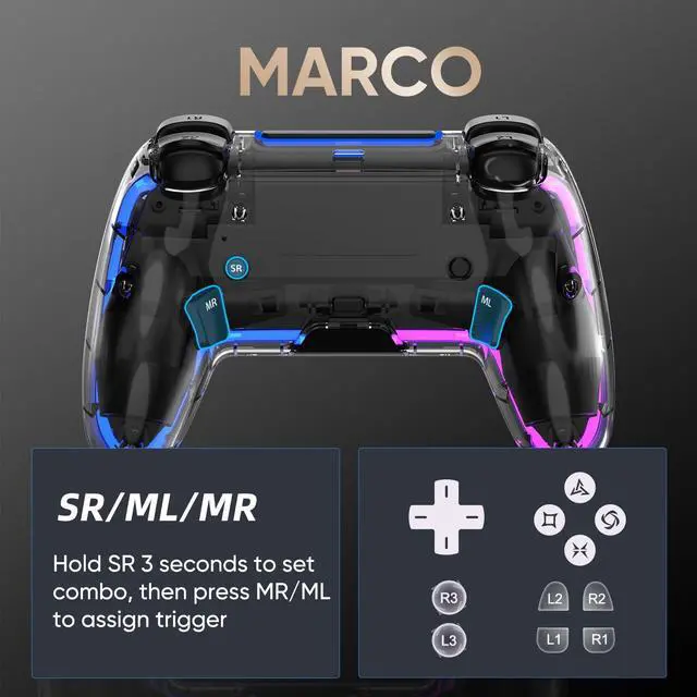 Alt view image 4 of 7 - Wireless Controller for PS5, Pro/Slim/MAC/Steam Deck/PC, Hall Effect Joysticks,Dual Vibration, Macro/Turbo, 3.5mm Audio Jack, 6-Axis Gyro, Mute, Bluetooth LED Gamepad with Speake