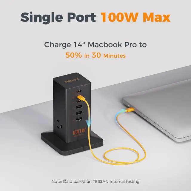 Alt view image 2 of 7 - TESSAN 100W USB Charging Station for Multiple Devices 9-in-1 USB Charger | Desktop Accessories with 3 AC Outlet, 3 USB C, 3 USB A for iPhone 17/16/15, MacBook, Tablet, Home Drom Office, Black