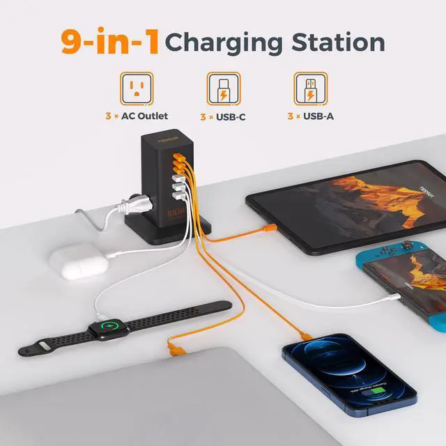 Alt view image 3 of 7 - TESSAN 100W USB Charging Station for Multiple Devices 9-in-1 USB Charger | Desktop Accessories with 3 AC Outlet, 3 USB C, 3 USB A for iPhone 17/16/15, MacBook, Tablet, Home Drom Office, Black