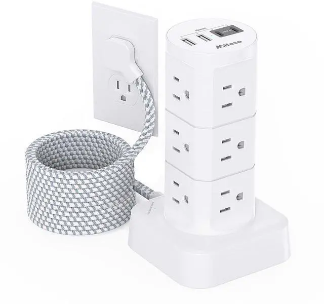 Main image of Surge Protector Power Strip Tower, 10FT Extension Cord, Slim Flat Plug | Office Desk Supplies, with Multiple Outlets(12 AC Outlets), 1875W/15A Overload Protection, Dorm Room Essentials