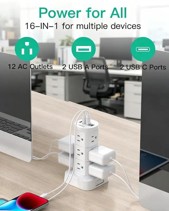 Alt view image 2 of 7 - Surge Protector Power Strip Tower, 10FT Extension Cord, Slim Flat Plug | Office Desk Supplies, with Multiple Outlets(12 AC Outlets), 1875W/15A Overload Protection, Dorm Room Essentials