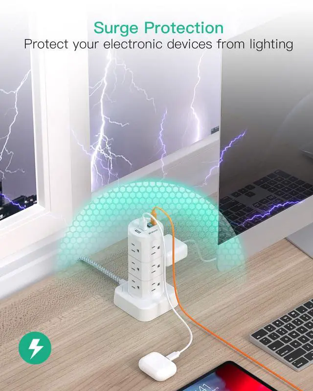 Alt view image 4 of 7 - Surge Protector Power Strip Tower, 10FT Extension Cord, Slim Flat Plug | Office Desk Supplies, with Multiple Outlets(12 AC Outlets), 1875W/15A Overload Protection, Dorm Room Essentials