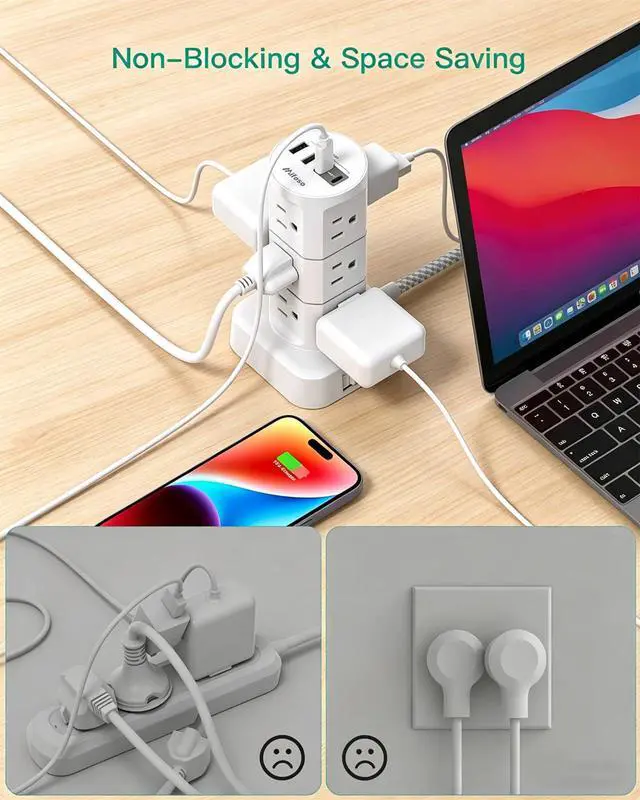 Alt view image 6 of 7 - Surge Protector Power Strip Tower, 10FT Extension Cord, Slim Flat Plug | Office Desk Supplies, with Multiple Outlets(12 AC Outlets), 1875W/15A Overload Protection, Dorm Room Essentials