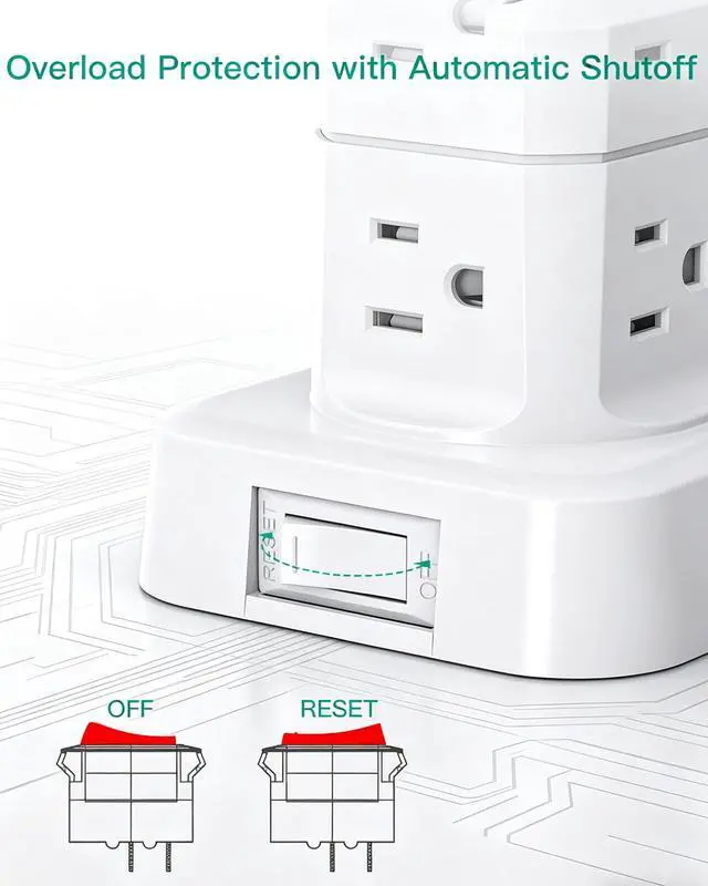 Alt view image 7 of 7 - Surge Protector Power Strip Tower, 10FT Extension Cord, Slim Flat Plug | Office Desk Supplies, with Multiple Outlets(12 AC Outlets), 1875W/15A Overload Protection, Dorm Room Essentials