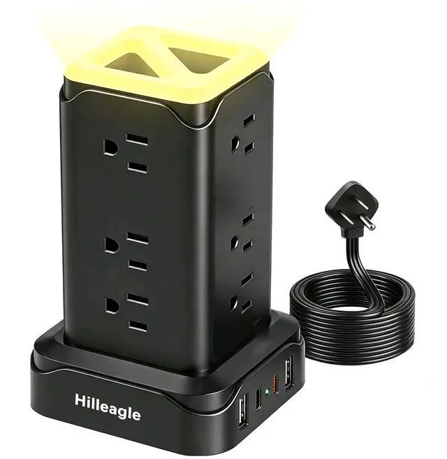Main image of Surge Protector Power Strip Tower with LED Night Lights, 6Ft Extension Cord with Multiple 12 AC Outlets, 4 USB Ports (2 USB C) Charging Station, Black
