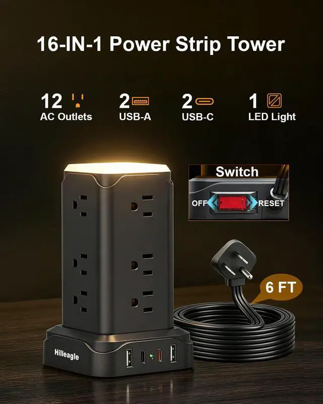 Alt view image 2 of 7 - Surge Protector Power Strip Tower with LED Night Lights, 6Ft Extension Cord with Multiple 12 AC Outlets, 4 USB Ports (2 USB C) Charging Station, Black