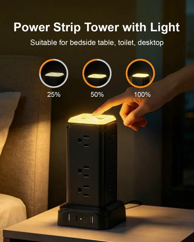 Alt view image 3 of 7 - Surge Protector Power Strip Tower with LED Night Lights, 6Ft Extension Cord with Multiple 12 AC Outlets, 4 USB Ports (2 USB C) Charging Station, Black