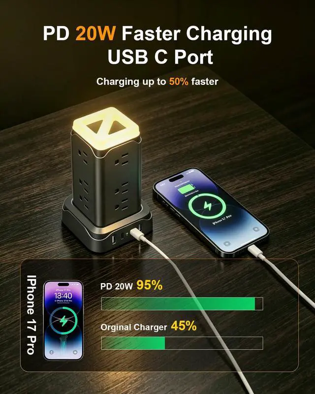 Alt view image 4 of 7 - Surge Protector Power Strip Tower with LED Night Lights, 6Ft Extension Cord with Multiple 12 AC Outlets, 4 USB Ports (2 USB C) Charging Station, Black