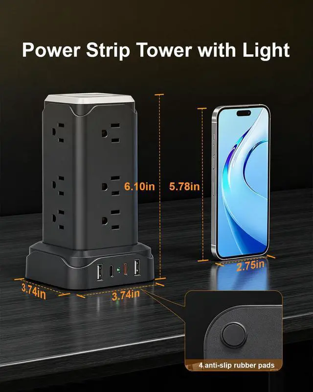 Alt view image 5 of 7 - Surge Protector Power Strip Tower with LED Night Lights, 6Ft Extension Cord with Multiple 12 AC Outlets, 4 USB Ports (2 USB C) Charging Station, Black