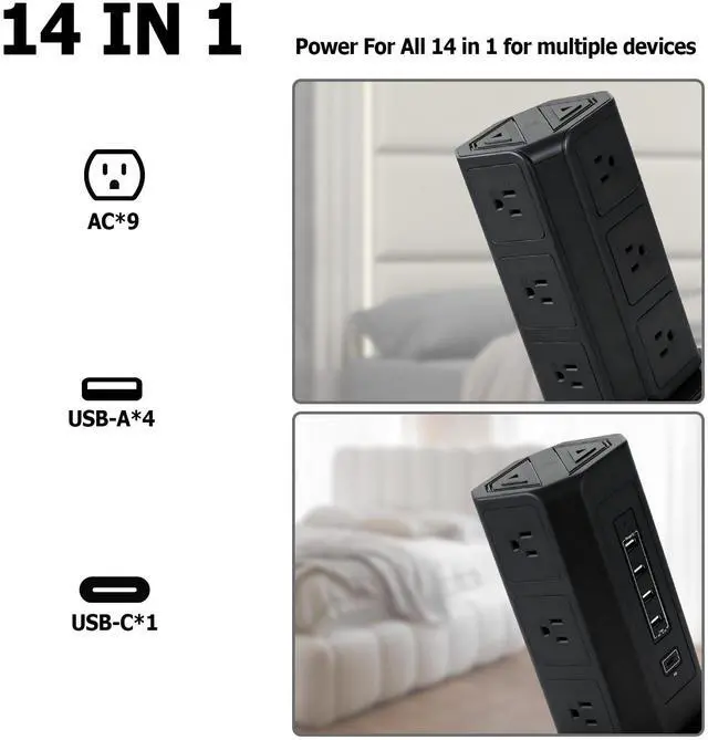 Alt view image 4 of 7 - EP Power Strip Tower with USB Ports Surge Protector,Power Cord with 9 AC Outlet and 4 USB (3A 1C), 6 FT Extension Cord with Multiple Outlets, Charging Station for Home Office Dorm