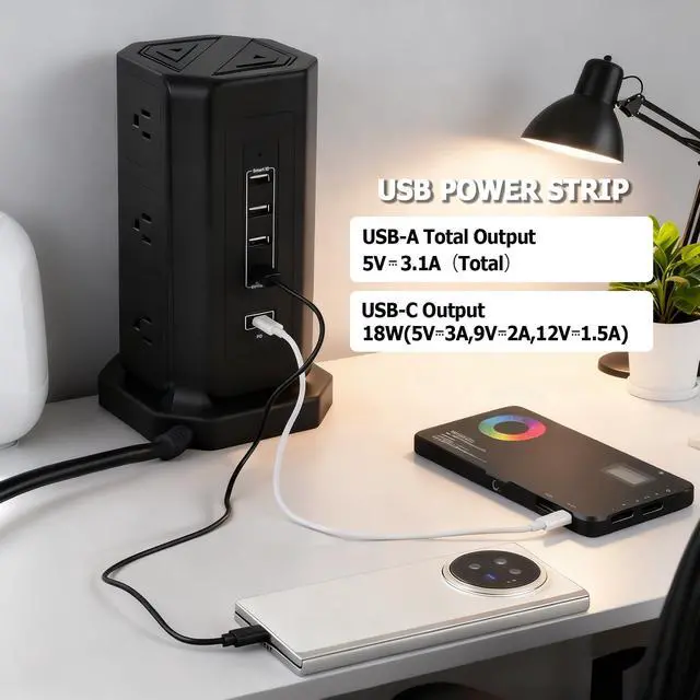 Alt view image 6 of 7 - EP Power Strip Tower with USB Ports Surge Protector,Power Cord with 9 AC Outlet and 4 USB (3A 1C), 6 FT Extension Cord with Multiple Outlets, Charging Station for Home Office Dorm
