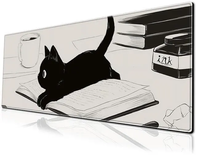 Main image of Cute Anime Black Cat Gaming Mouse Pad Large Cartoon Desk Mat, 31.5x11.8 Inch Mousepad Extended Non-Slip Rubber Base Keyboard Mat with Stitched Edges for Desk Home Office