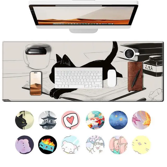 Alt view image 2 of 6 - Cute Anime Black Cat Gaming Mouse Pad Large Cartoon Desk Mat, 31.5x11.8 Inch Mousepad Extended Non-Slip Rubber Base Keyboard Mat with Stitched Edges for Desk Home Office