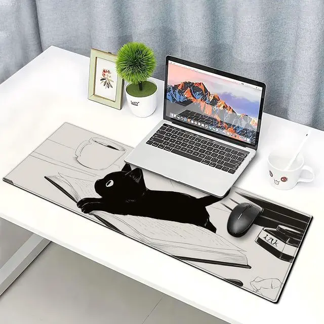 Alt view image 5 of 6 - Cute Anime Black Cat Gaming Mouse Pad Large Cartoon Desk Mat, 31.5x11.8 Inch Mousepad Extended Non-Slip Rubber Base Keyboard Mat with Stitched Edges for Desk Home Office