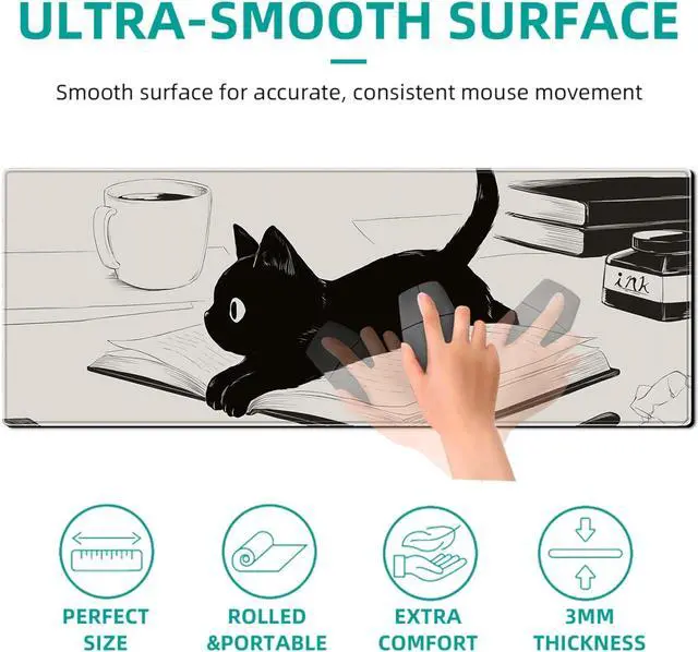 Alt view image 3 of 6 - Cute Anime Black Cat Gaming Mouse Pad Large Cartoon Desk Mat, 31.5x11.8 Inch Mousepad Extended Non-Slip Rubber Base Keyboard Mat with Stitched Edges for Desk Home Office