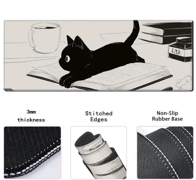 Alt view image 6 of 6 - Cute Anime Black Cat Gaming Mouse Pad Large Cartoon Desk Mat, 31.5x11.8 Inch Mousepad Extended Non-Slip Rubber Base Keyboard Mat with Stitched Edges for Desk Home Office