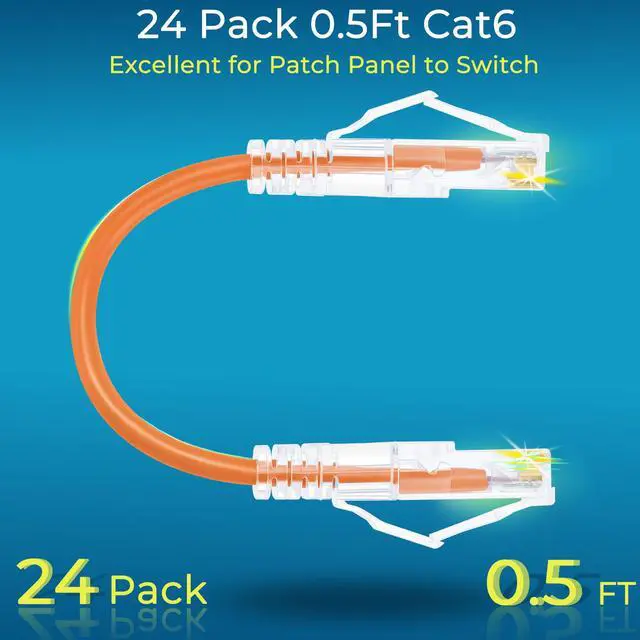 Alt view image 2 of 6 - Rapink Patch Cables Cat6/ Cat6a 0.5ft (24 Pack) Slim, Cat6a Ethernet Patch Cable 10G Support, Snagless Cat 6 Patch Cable for Patch Panel to Switch, Flexiable Cat6 Ethernet Cable Orange