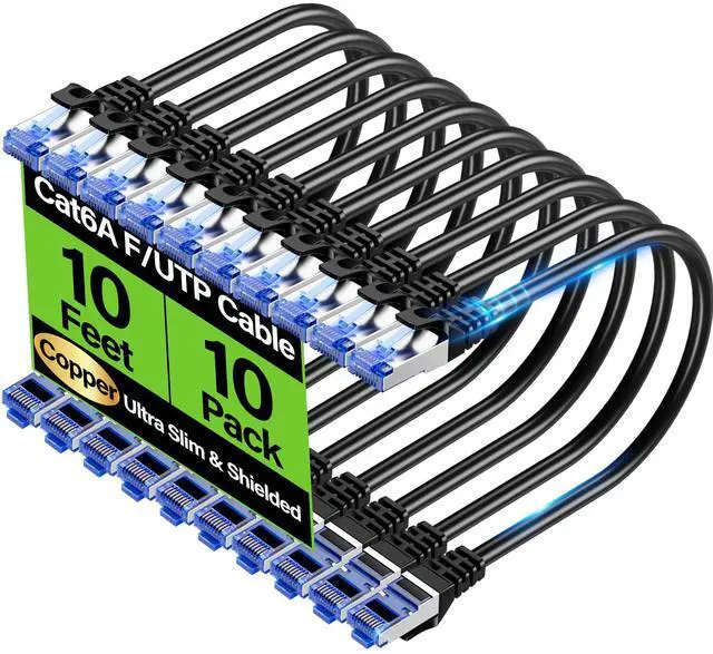Main image of Cat6A Ethernet Cable Shielded 10Gbps 10 ft (10 Pack), Slim Shielded (F/UTP) Ethernet Cable Cat 6, Flexible 28AWG Bare Copper Cat6 Cable, Space-saving Cat6a Network Cable for Server, Data Center, Black