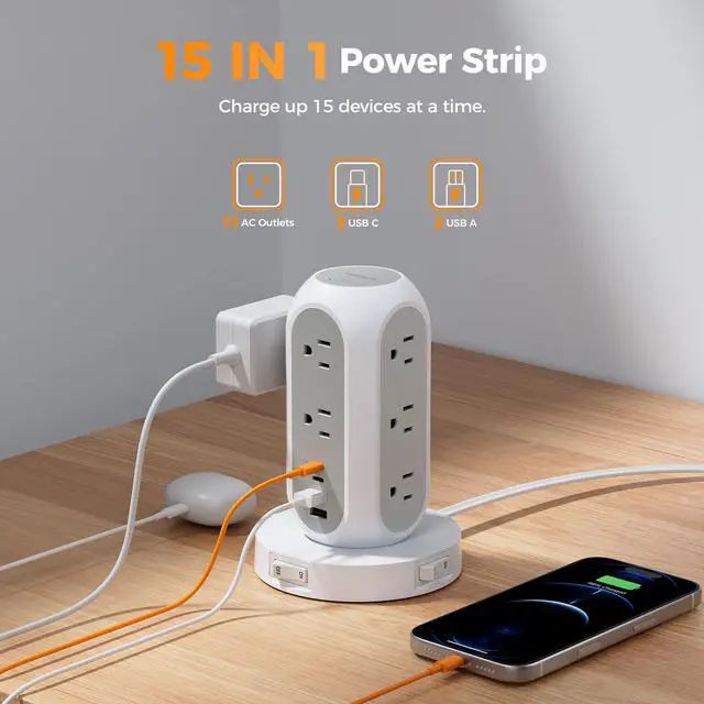 Alt view image 2 of 7 - TESSAN Surge Protector Power Strip with 1050J, Individual Switches, 6 Ft | 11 Outlets, 4 USB Ports (2 USB C), Flat Extension Cord, 20W Charging Station for Multiple Devices, for Office, Dorm Room