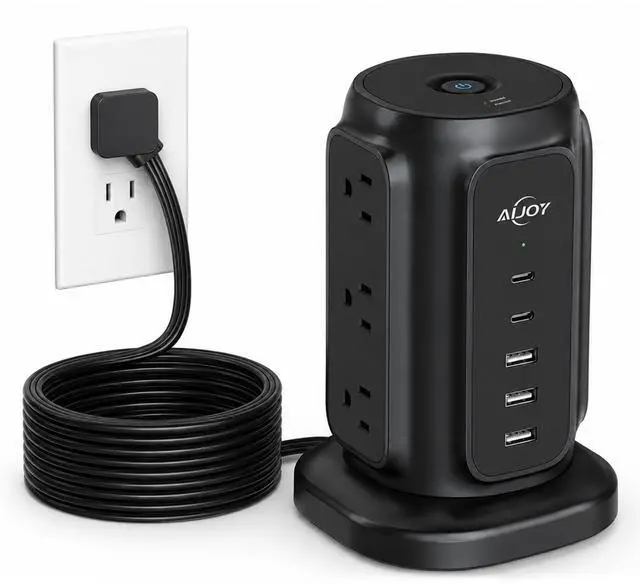Main image of AiJoy 10FT Flat Plug Power Strip Tower with 9 AC Outlets and 5 USB Ports | 1200J Surge Protector Power Strip Outlet Extender Charging Station for Home, Office Supplies, Dorm Essentials
