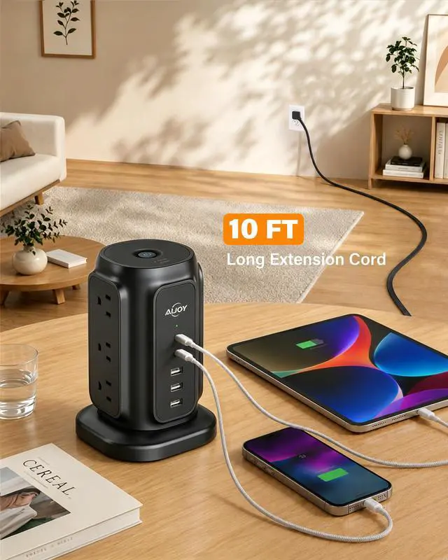 Alt view image 3 of 7 - AiJoy 10FT Flat Plug Power Strip Tower with 9 AC Outlets and 5 USB Ports | 1200J Surge Protector Power Strip Outlet Extender Charging Station for Home, Office Supplies, Dorm Essentials