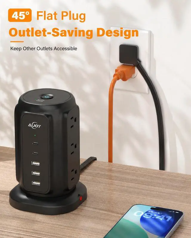 Alt view image 5 of 7 - AiJoy 10FT Flat Plug Power Strip Tower with 9 AC Outlets and 5 USB Ports | 1200J Surge Protector Power Strip Outlet Extender Charging Station for Home, Office Supplies, Dorm Essentials