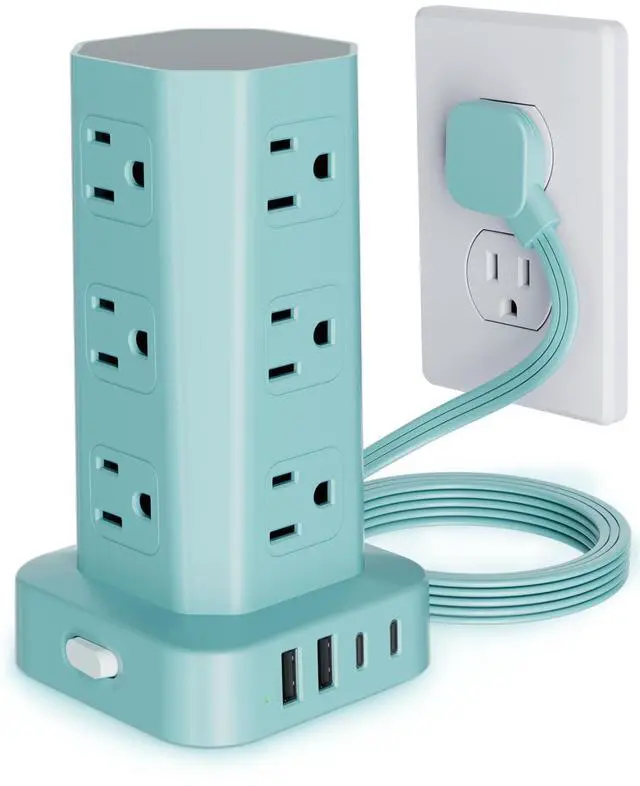 Main image of Power Strip Tower Surge Protector, 6FT Flat Plug Extension Cord with Multiple Outlets, 12 AC Outlets 4 USB (2 USB C), Desktop Charging Station with Surge Protection for Home Office Dorm Room, Mint