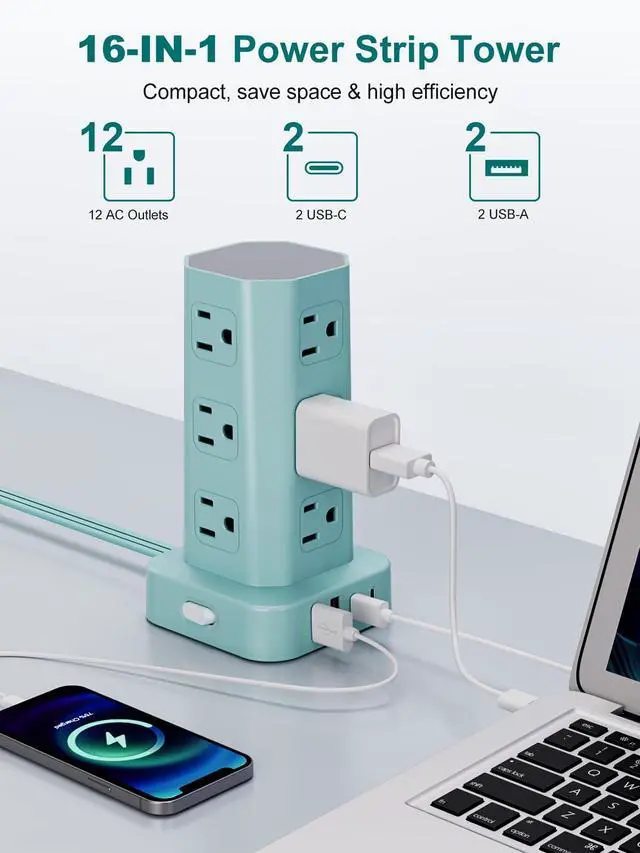 Alt view image 2 of 7 - Power Strip Tower Surge Protector, 6FT Flat Plug Extension Cord with Multiple Outlets, 12 AC Outlets 4 USB (2 USB C), Desktop Charging Station with Surge Protection for Home Office Dorm Room, Mint
