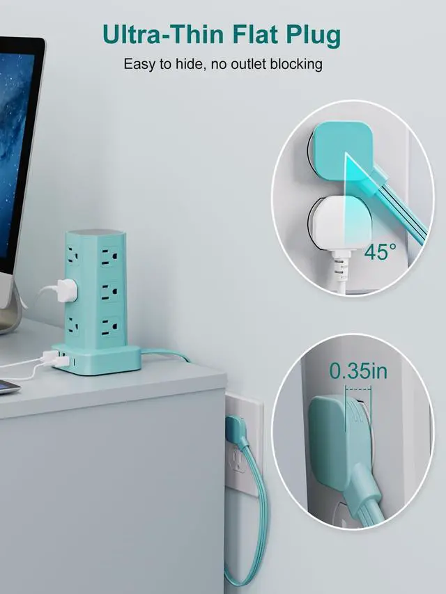 Alt view image 3 of 7 - Power Strip Tower Surge Protector, 6FT Flat Plug Extension Cord with Multiple Outlets, 12 AC Outlets 4 USB (2 USB C), Desktop Charging Station with Surge Protection for Home Office Dorm Room, Mint