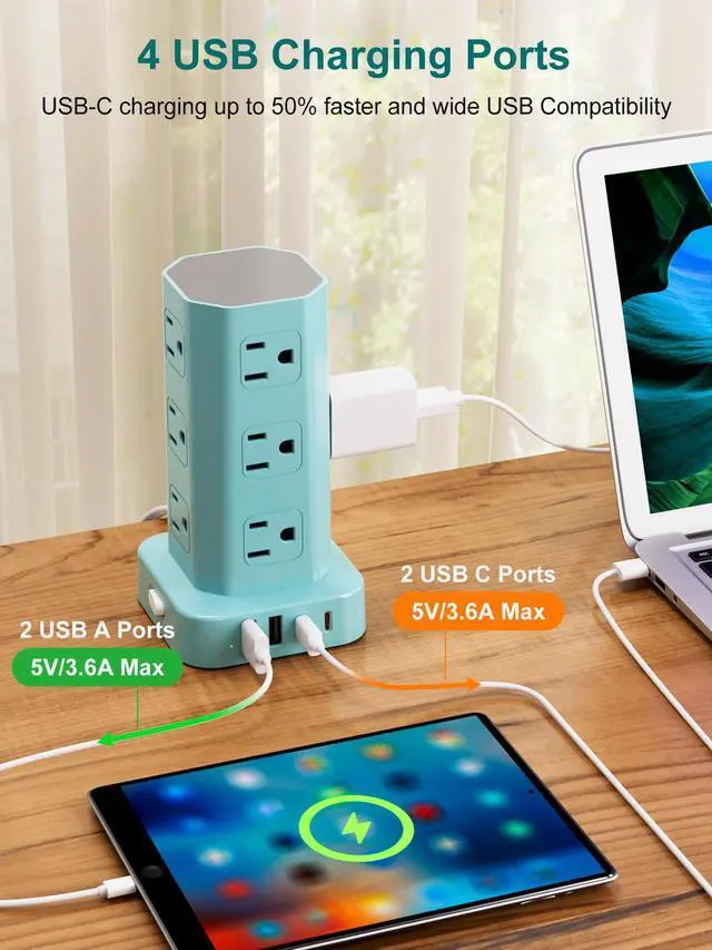 Alt view image 4 of 7 - Power Strip Tower Surge Protector, 6FT Flat Plug Extension Cord with Multiple Outlets, 12 AC Outlets 4 USB (2 USB C), Desktop Charging Station with Surge Protection for Home Office Dorm Room, Mint
