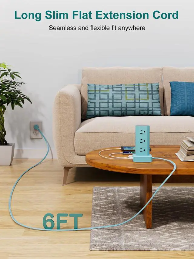 Alt view image 5 of 7 - Power Strip Tower Surge Protector, 6FT Flat Plug Extension Cord with Multiple Outlets, 12 AC Outlets 4 USB (2 USB C), Desktop Charging Station with Surge Protection for Home Office Dorm Room, Mint