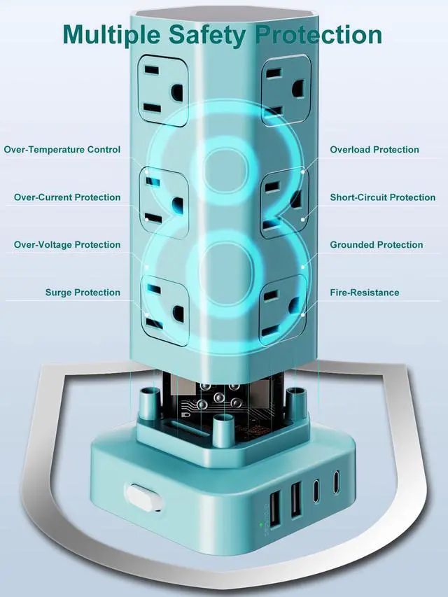 Alt view image 6 of 7 - Power Strip Tower Surge Protector, 6FT Flat Plug Extension Cord with Multiple Outlets, 12 AC Outlets 4 USB (2 USB C), Desktop Charging Station with Surge Protection for Home Office Dorm Room, Mint