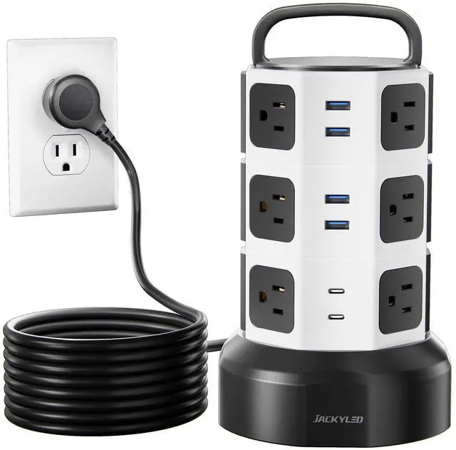 Main image of JACKYLED Power Strip Tower Surge Protector, 12 AC 6 USB (2 USB C), 1050J | Retractable Extension Cord with Multiple Outlets, 1625W/13A Outlet Extender, USB Charging Station for Home Office Dorm