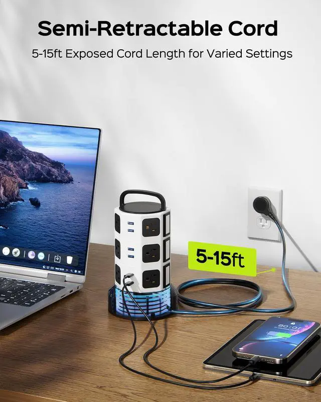Alt view image 3 of 7 - JACKYLED Power Strip Tower Surge Protector, 12 AC 6 USB (2 USB C), 1050J | Retractable Extension Cord with Multiple Outlets, 1625W/13A Outlet Extender, USB Charging Station for Home Office Dorm