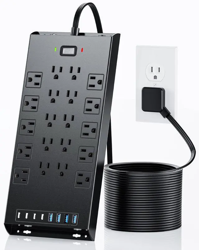 Main image of Surge Protector Power Strip 4800J, LeZone 10Ft Long Extension Cord Flat Plug, 20 Outlets 4 USB-A 4 USB-C Ports, Wall Mountable, Home Office Dorm Essentials, Black