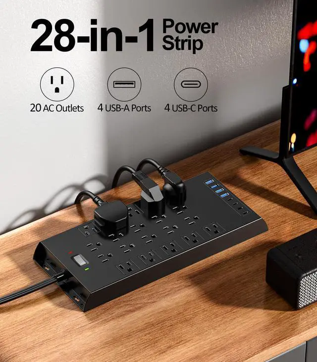 Alt view image 2 of 7 - Surge Protector Power Strip 4800J, LeZone 10Ft Long Extension Cord Flat Plug, 20 Outlets 4 USB-A 4 USB-C Ports, Wall Mountable, Home Office Dorm Essentials, Black