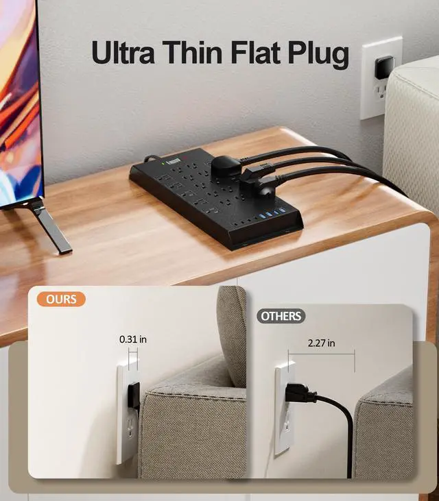 Alt view image 3 of 7 - Surge Protector Power Strip 4800J, LeZone 10Ft Long Extension Cord Flat Plug, 20 Outlets 4 USB-A 4 USB-C Ports, Wall Mountable, Home Office Dorm Essentials, Black