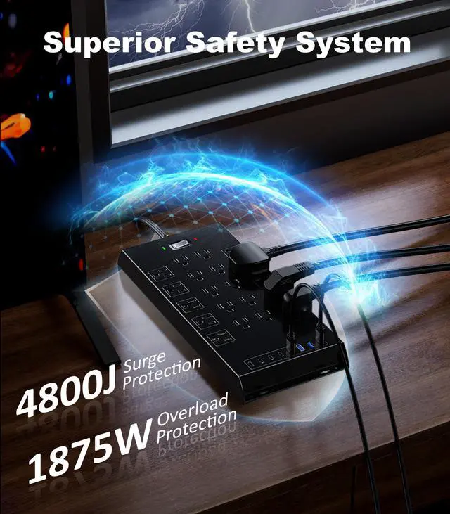 Alt view image 4 of 7 - Surge Protector Power Strip 4800J, LeZone 10Ft Long Extension Cord Flat Plug, 20 Outlets 4 USB-A 4 USB-C Ports, Wall Mountable, Home Office Dorm Essentials, Black