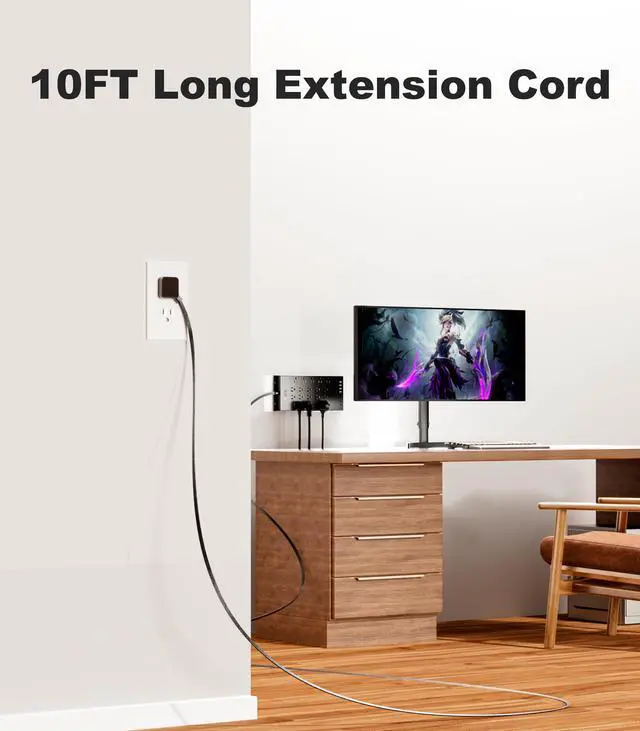 Alt view image 5 of 7 - Surge Protector Power Strip 4800J, LeZone 10Ft Long Extension Cord Flat Plug, 20 Outlets 4 USB-A 4 USB-C Ports, Wall Mountable, Home Office Dorm Essentials, Black