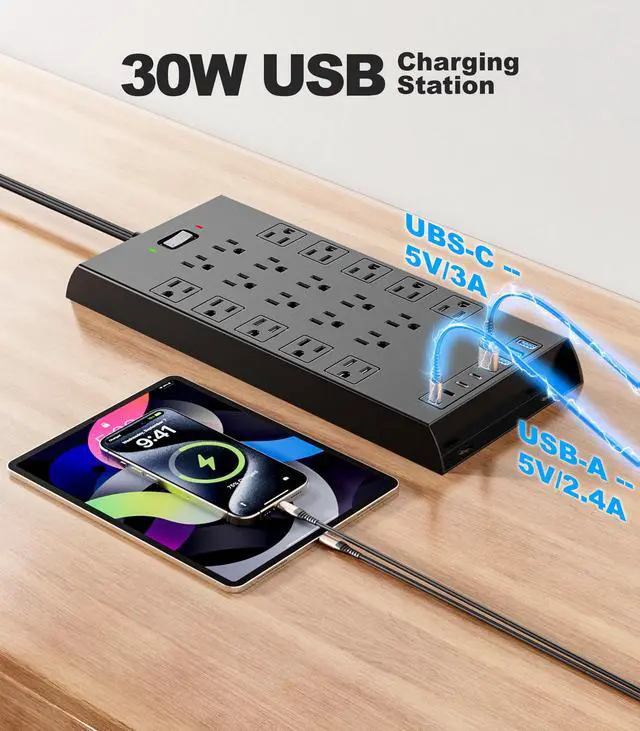 Alt view image 6 of 7 - Surge Protector Power Strip 4800J, LeZone 10Ft Long Extension Cord Flat Plug, 20 Outlets 4 USB-A 4 USB-C Ports, Wall Mountable, Home Office Dorm Essentials, Black